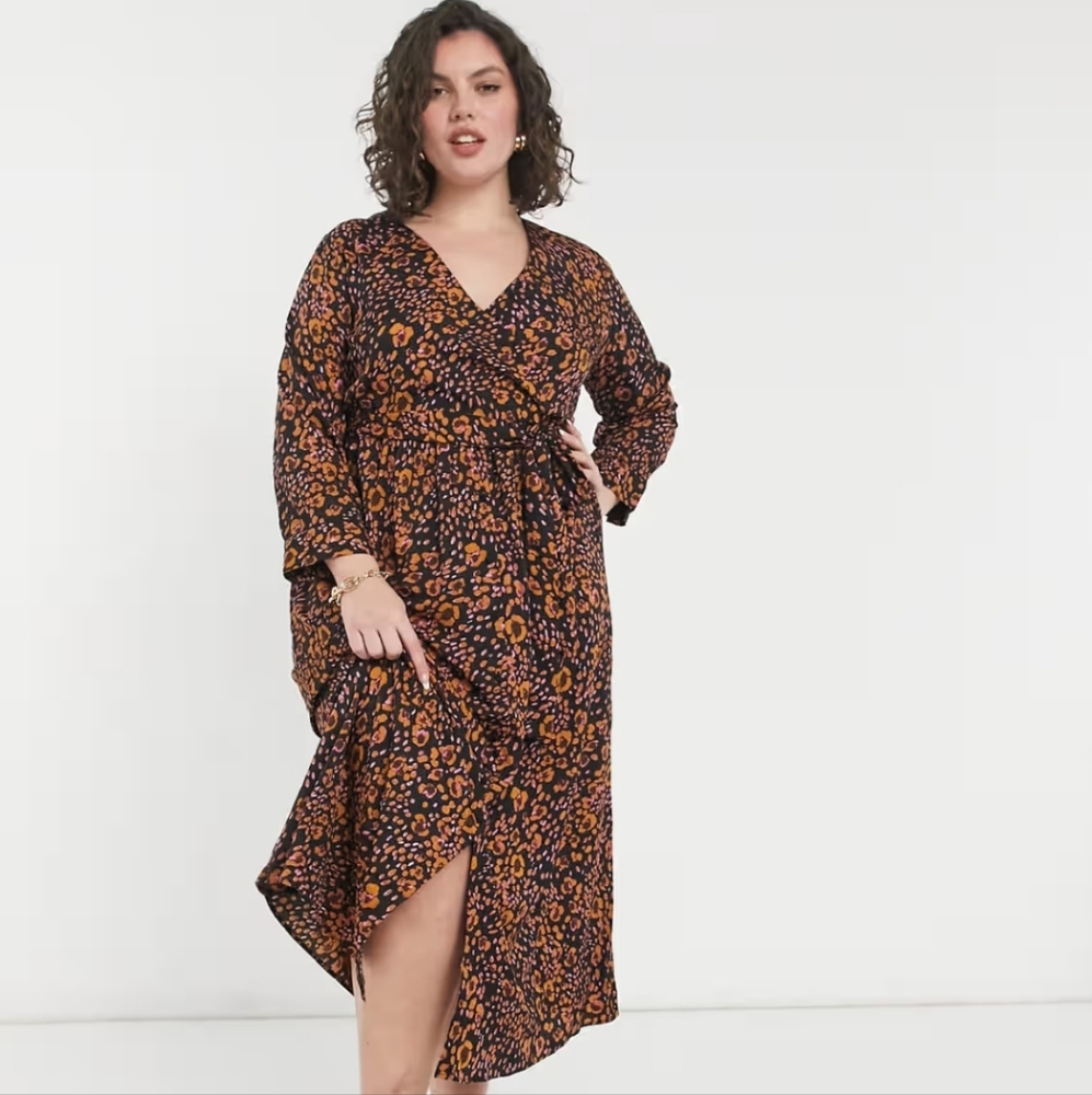♤♤ Vero Moda Sandra Henna Floral 7/8 Wrap Long-sleeve Midi Dress Plus Size XL